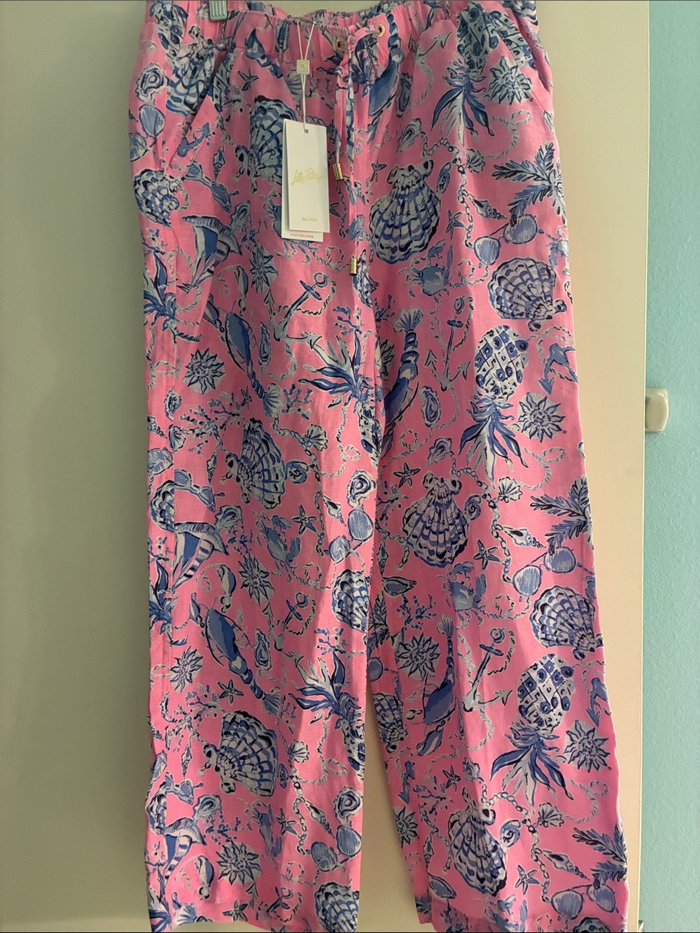 Lilly Pulitzer Linen Pink and Blue Seashell Drawstring Pants - Picture 1 of 6